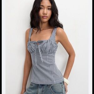 New Zara Blue& White Gingham Tie-Front Tank